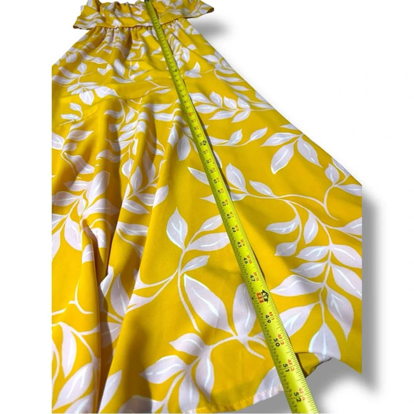 Tyche Bright Yellow with White Leaf Pattern Cinched Waist Strapless Maxi Dress - Picture 9 of 16